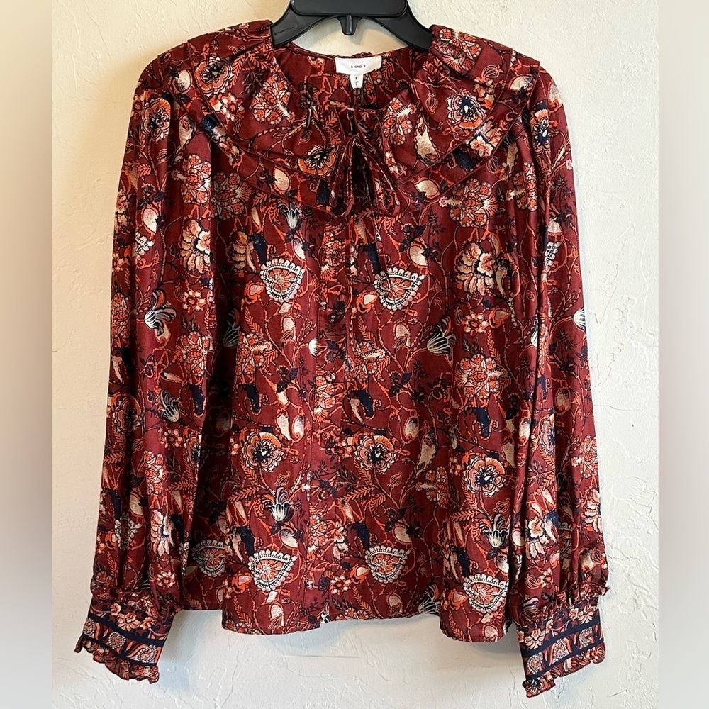 NWT A loves A Autumn Floral Peter Pan Collar Prairie Boho Cottage Blouse Sz S